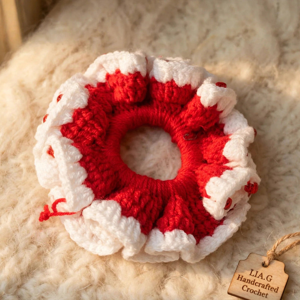 Coletero crochet bicolor rojo y blanco con cuentas rojas - LIA.G