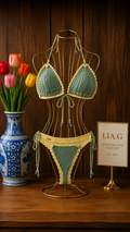 Bikini crochet verde y amarillo LIA.G con detalles de cuentas turquesa