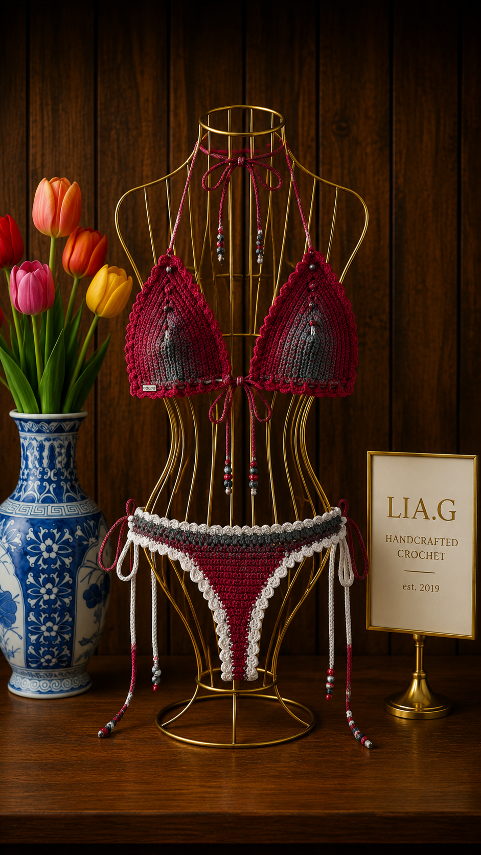 Bikini crochet burdeos y gris degradado LIA.G con ribetes festoneados y cuentas