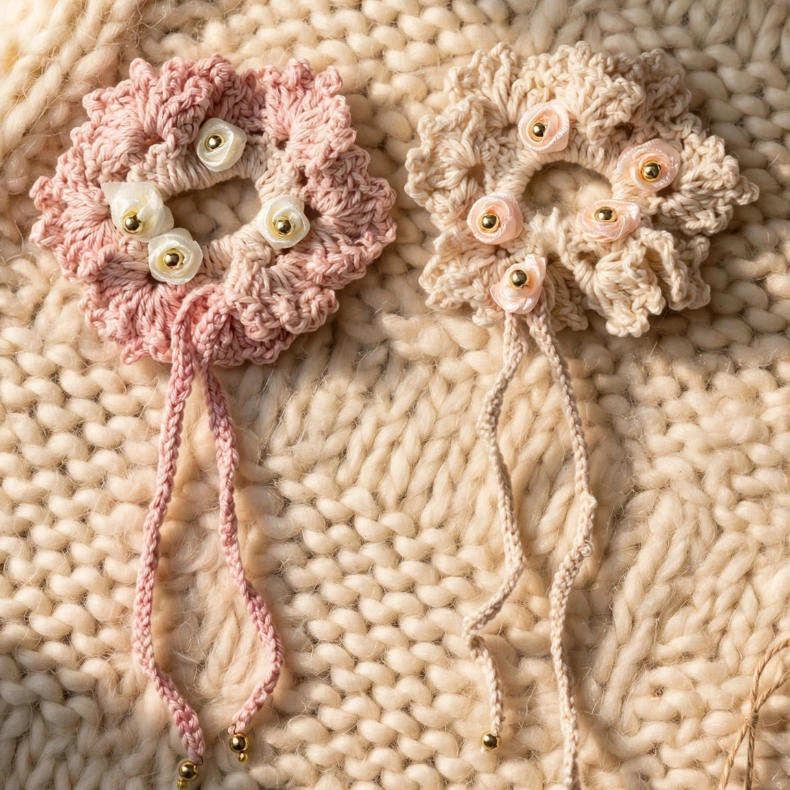 Pack dos coleteros crochet rosa y beige con rositas y cuentas doradas - LIA.G