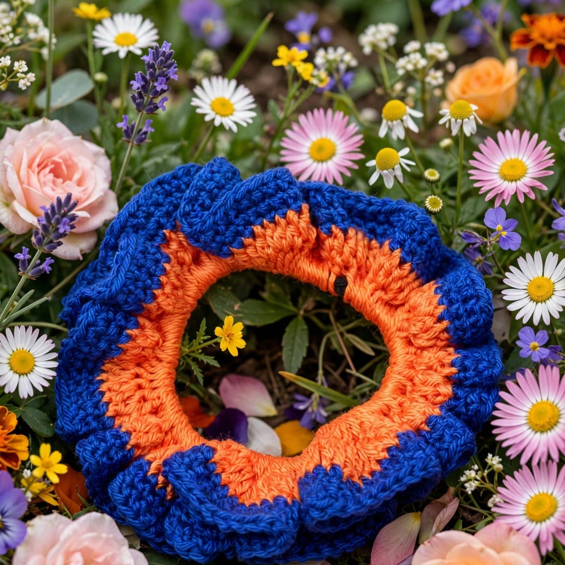 Coletero crochet azul rey y naranja entre flores - LIA.G
