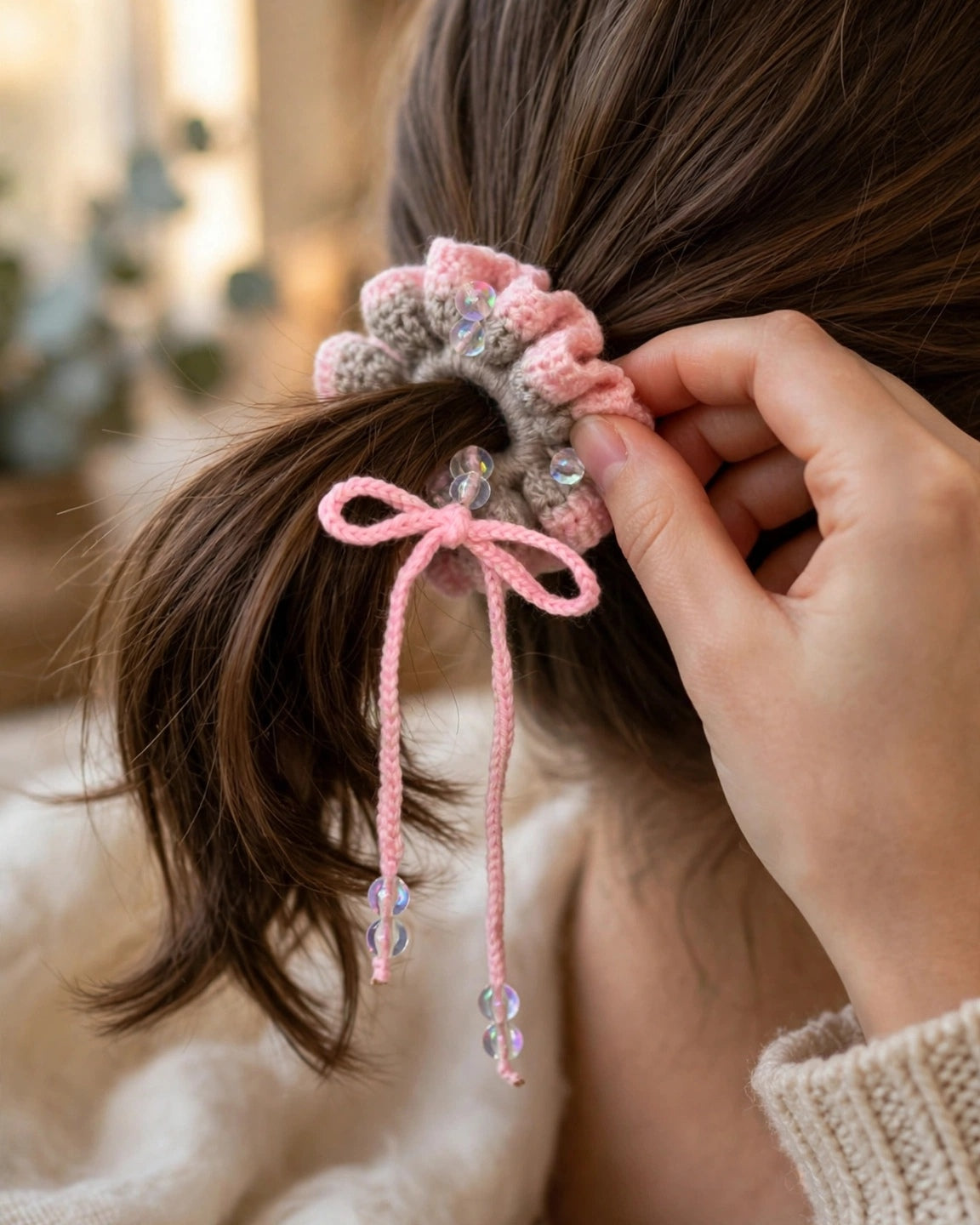 Coletero crochet rosa taupe con lazito colgante en coleta baja - LIA.G